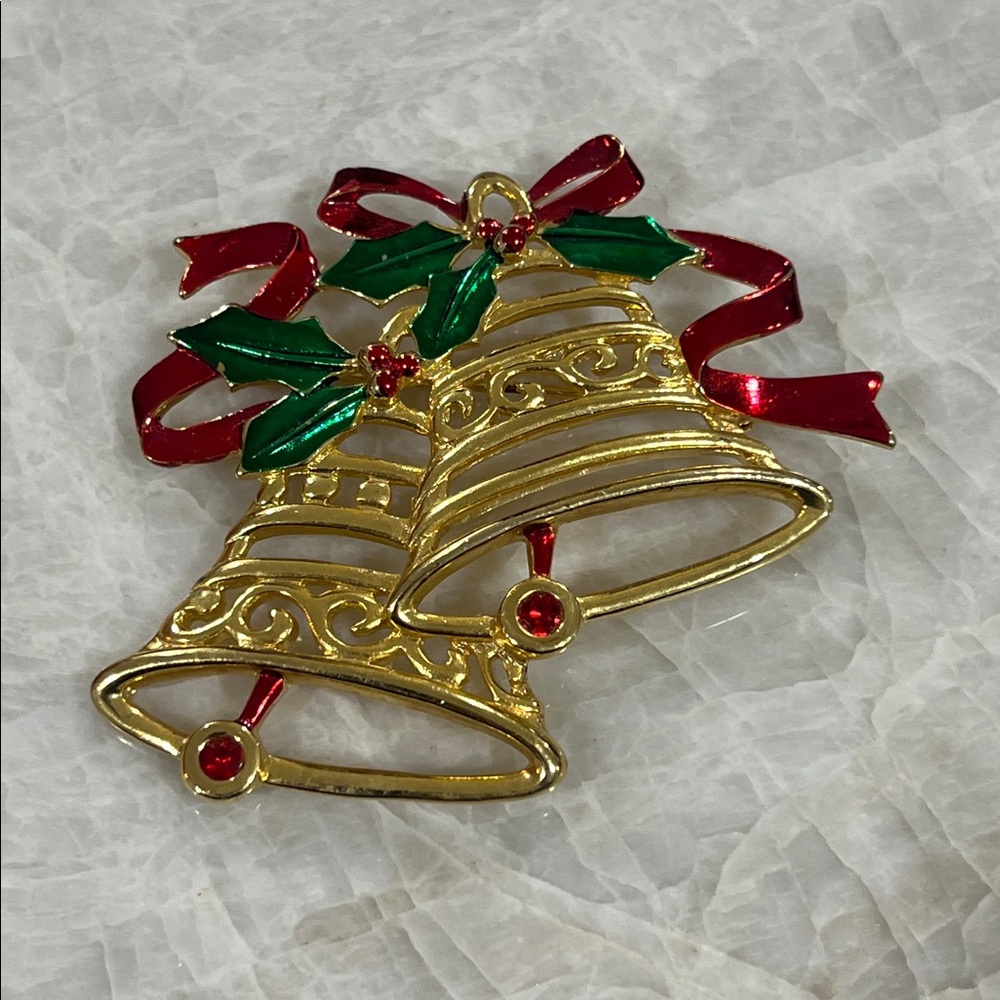 Vintage Signed JJ Jonette Christmas Bells Brooch, Red Green Ribbon Holly Pin